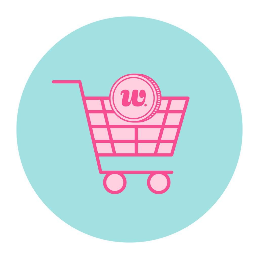 Icon that resembles a shopping cart with one of the Woman-Owned Wallet logos sitting in the basket. The icon includes shades of light and dark pink and is sitting on an aqua circle background.