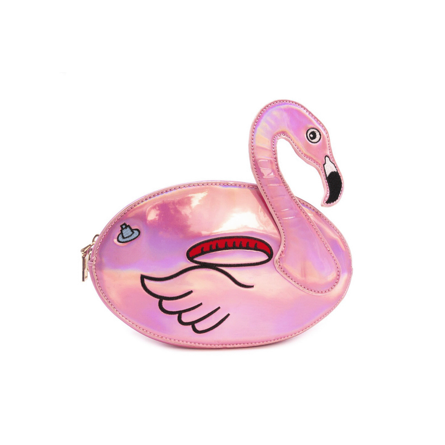 Novelty purse that is shaped like a pink iridescent flamingo pool floaty. Features a gold chain and zipper. From Bewaltz.