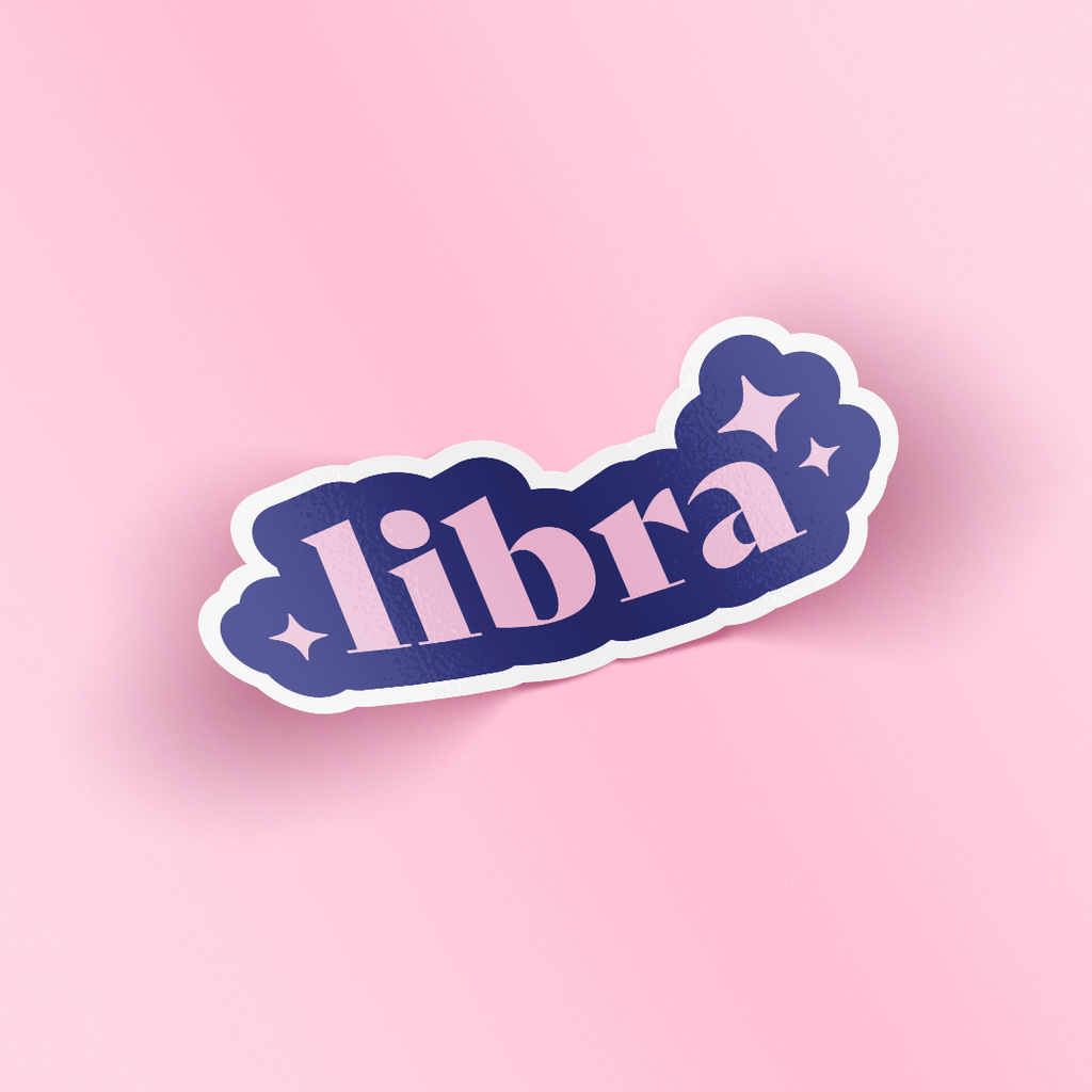 Printed sticker with word Libra on it featuring star symbol
