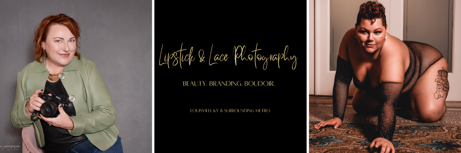 a photo of Jessica, the photographer. The Lipstick & Lace Logo, and a fierce photo of a full figured woman in lingerie