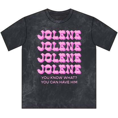 A dark gray marbled t-shirt featuring the word &
