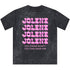 A dark gray marbled t-shirt featuring the word &