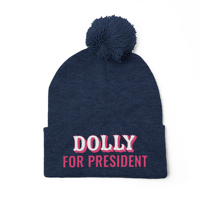 Embroidered Pom-Pom Beanie — "Dolly for President"