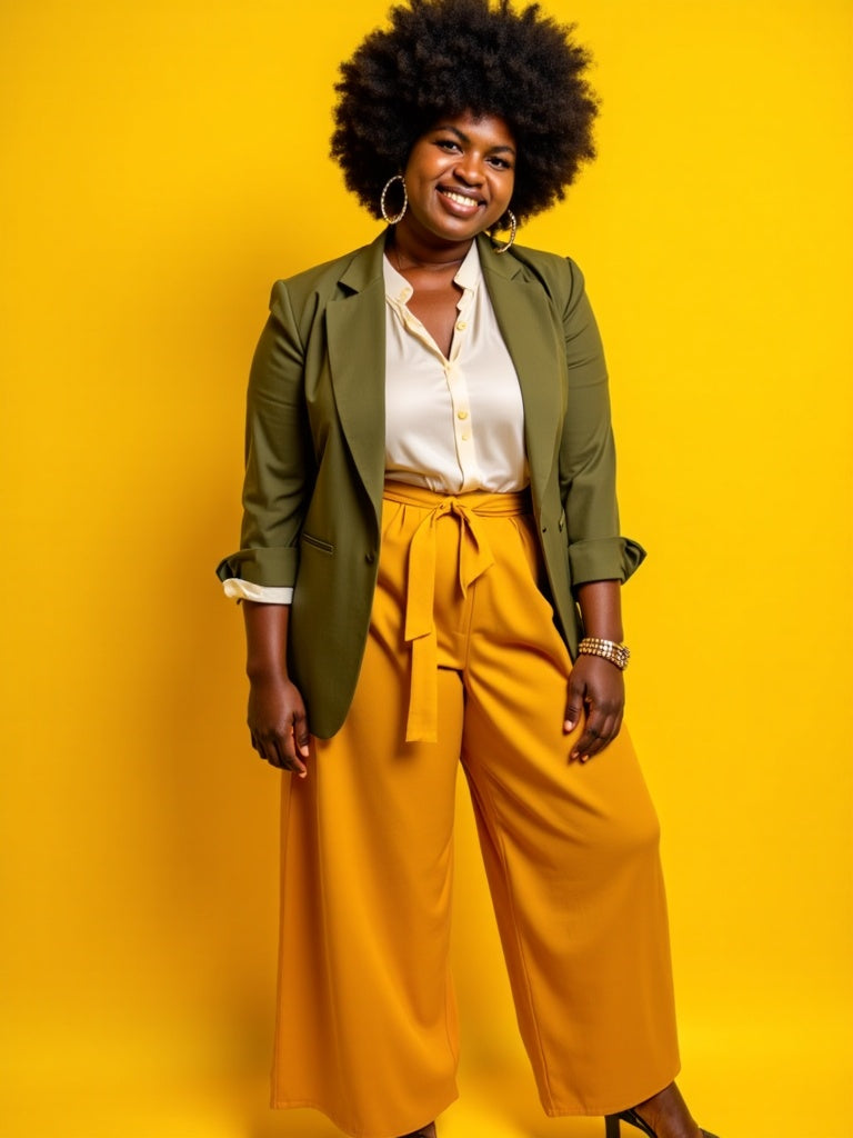 Person wearing a green blazer and yellow pants against a yellow background