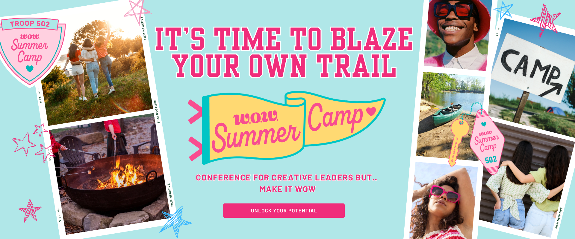 Promotional graphic for a summer camp with text and images of outdoor activities.