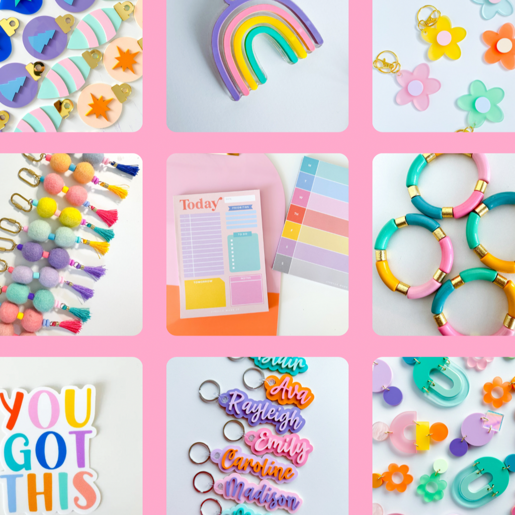 A grid of brightly colored products over a pink background displays products such as keychains, bracelets, planners, earrings, and a sticker that says "you got this"