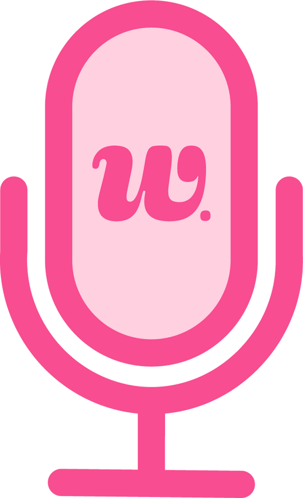 Logo for Woman-Owned Wallet: The Podcast, features a pink podcast microphone with a cursive "W" in the center 