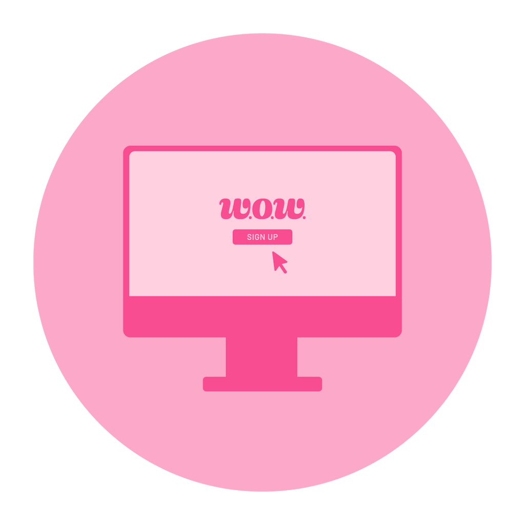 Icon that resembles an iMac computer with the Woman-Owned Wallet logo in the center. The icon includes shades of light and dark pink sitting inside a medium pink circle.