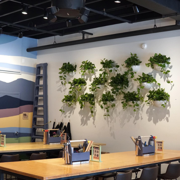 Photo of large wooden workspace tables in The Craftery featuring toolkits on each table, a mural on the left wall and green potted plants on the right wall. This is one of the businesses featured in the Woman-Owned Directory.