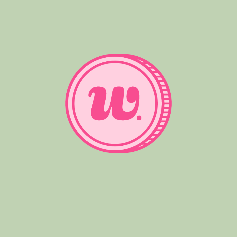 Logo for the Woman-Owned Walking Tour of NuLu, founded and hosted by Woman-Owned Wallet. Features a pink coin with a large cursive "w" in the center.