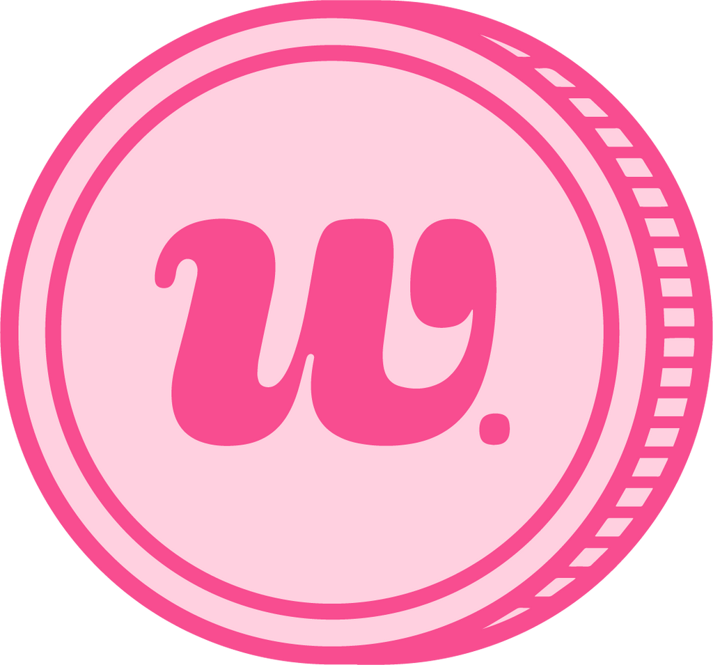 Logo for the Woman-Owned Walking Tour of Nulu, hosted by Woman-Owned Wallet. The logo features a pink coin with a cursive "W" in the center.