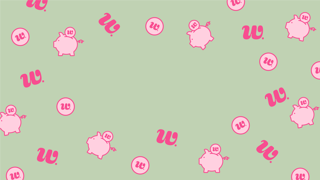 Green banner graphic with pattern that includes various logos to represent Woman-Owned Wallet and its educational courses. Logos include a pink "W", a pink coin with a "W" in the center, and a pink piggy bank.