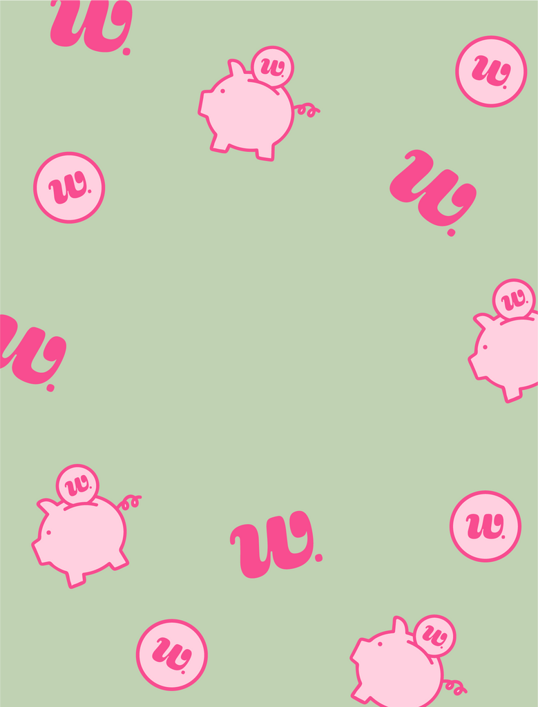 Green banner graphic with pattern that includes various logos to represent Woman-Owned Wallet and its educational courses. Logos include a pink "W", a pink coin with a "W" in the center, and a pink piggy bank.