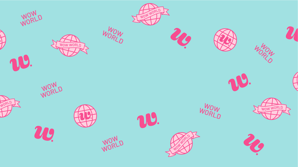 Graphic featuring various logo styles for WOW World, an online networking community for women. The graphic includes an aqua background with pink logos. WOW World is a brand extension of Woman-Owned Wallet, a feminist gift shop in Louisville KY.