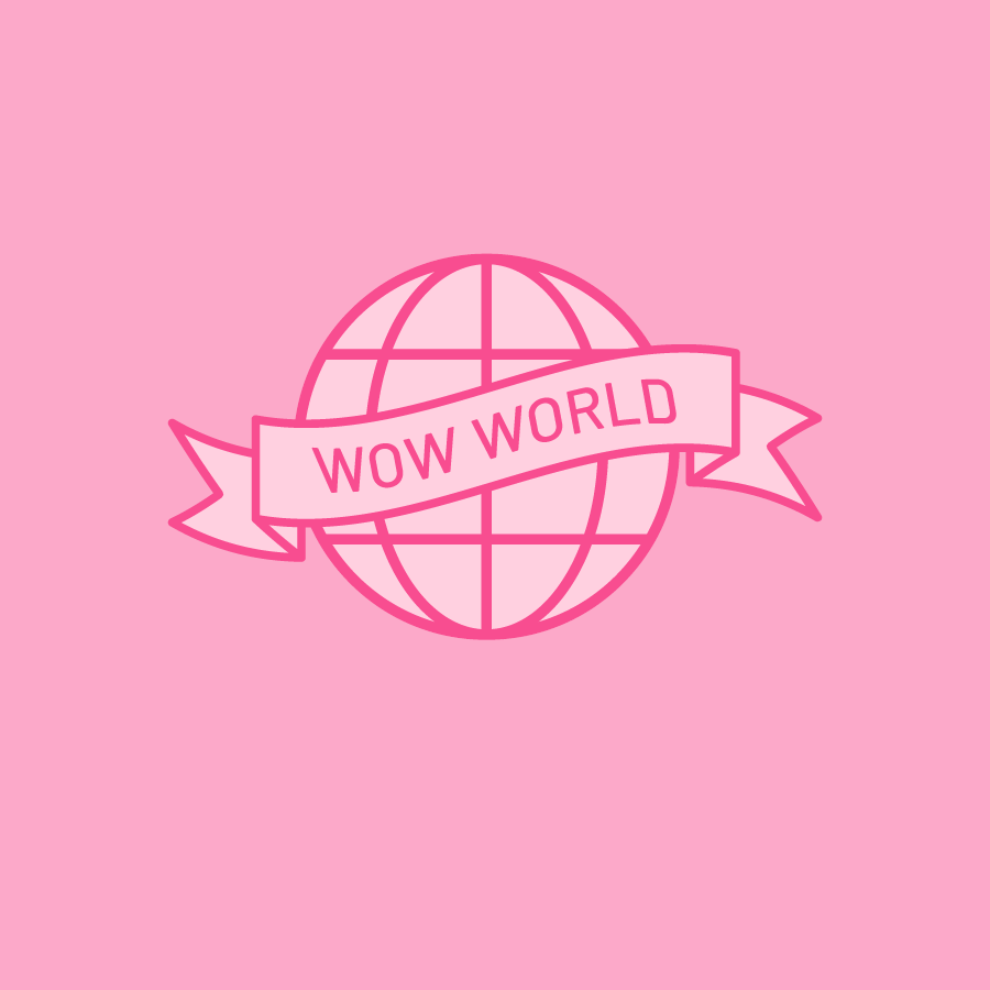 Logo for WOW World, an online community for women. Features a pink graphic of a globe with a banner across the middle that says "WOW World". Logo is on a light pink background.