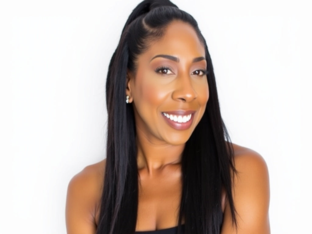 Woman with long black hair smiling against a white background