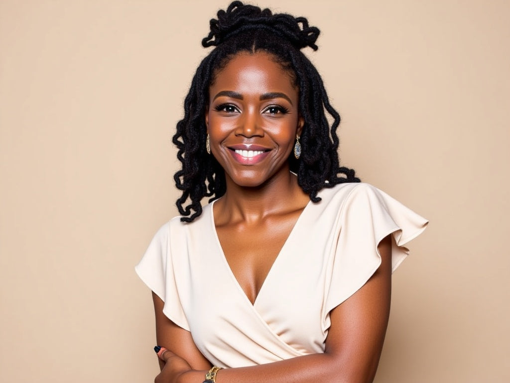 Woman with styled hair wearing a beige dress against a beige background
