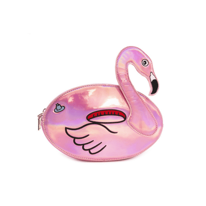 Novelty purse that is shaped like a pink iridescent flamingo pool floaty. Features a gold chain and zipper. From Bewaltz.