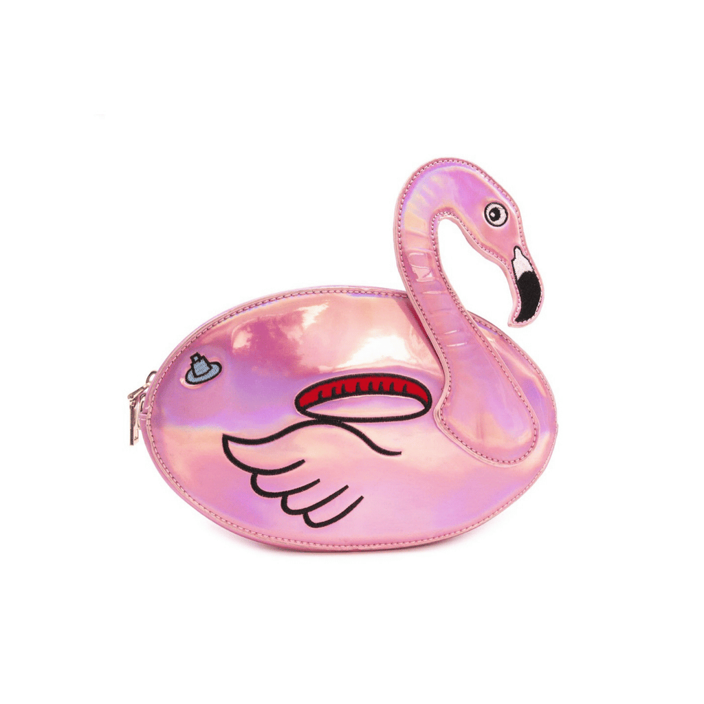 Novelty purse that is shaped like a pink iridescent flamingo pool floaty. Features a gold chain and zipper. From Bewaltz.