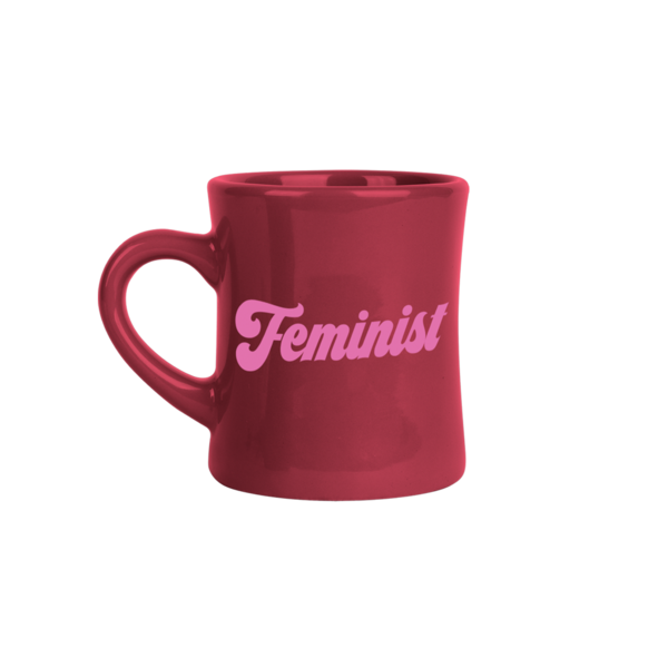product photo of sangria colored ceramic diner mug with the word "feminist" in pink cursive