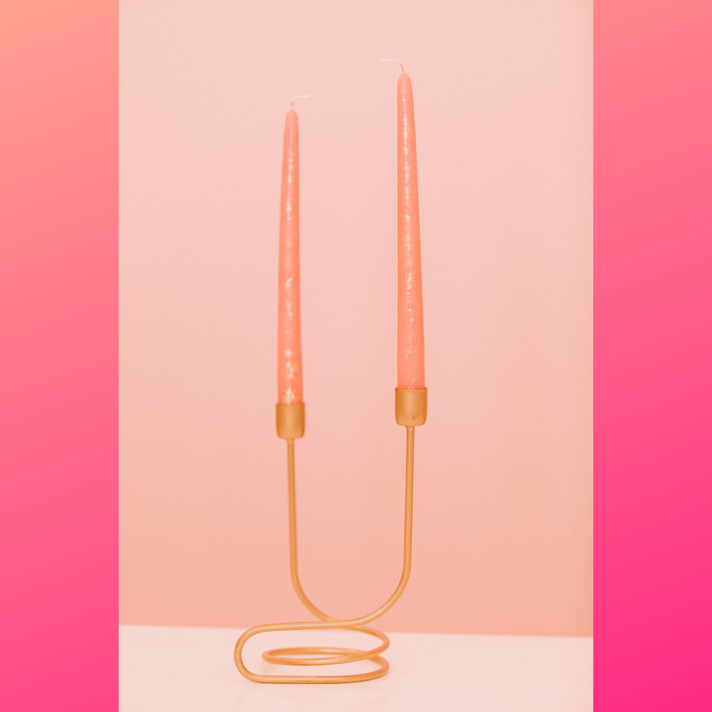 Pink Taper Candle with Gold Painted Details by Nocturnally & Co.