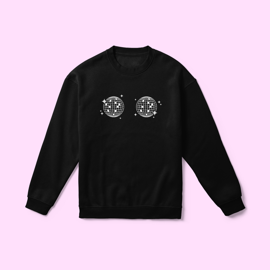 Front of WOW Original graphic sweatshirt in black that features two disco balls with sparkles placed in the middle of the chest. 