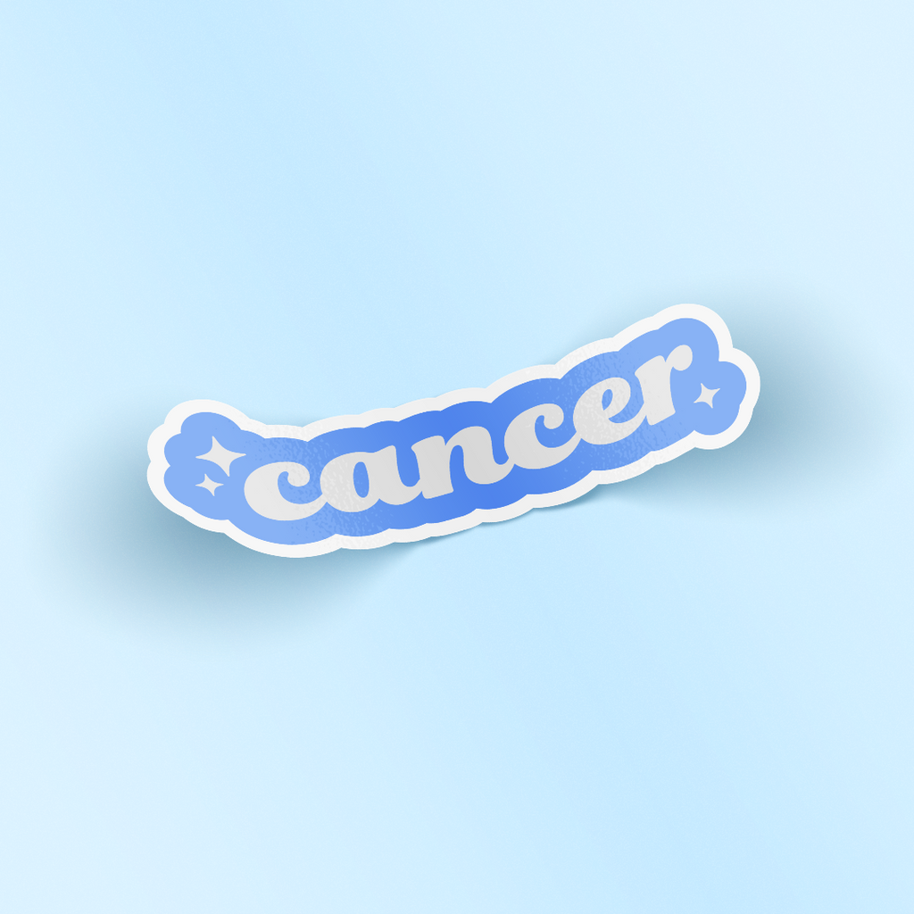 Blue sticker design with the word cancer and star symbol at both sides