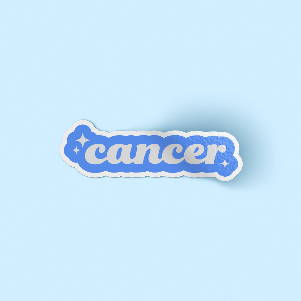 Blue sticker design with the word cancer and star symbol at both sides
